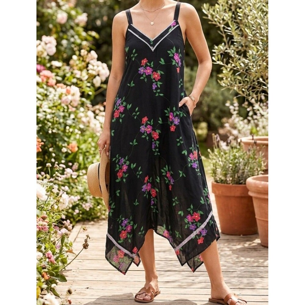 Kensie Black Floral
Handkerchief-Hem Dress with
Pink & Purple Blooms